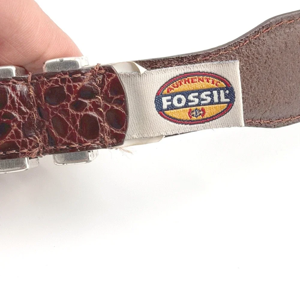 Fossil Brown‎ Croc Embossed Leather Belt Size 38 Silver Enraved Westerncore